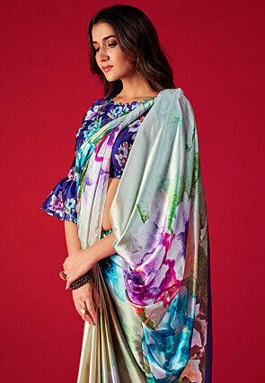 Digital Printed Satin Crepe Saree in Multicolor