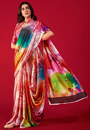 Digital Printed Satin Crepe Saree in Multicolor