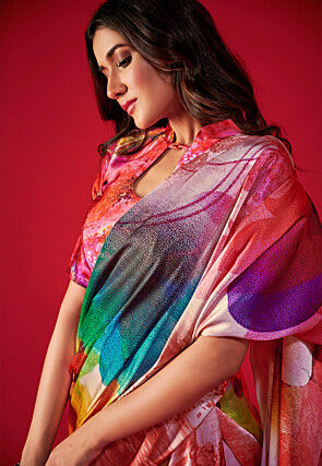 Digital Printed Satin Crepe Saree in Multicolor