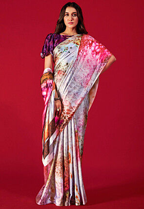 Digital Printed Satin Crepe Saree in Multicolor