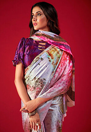 Digital Printed Satin Crepe Saree in Multicolor