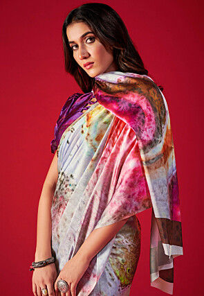 Digital Printed Satin Crepe Saree in Multicolor