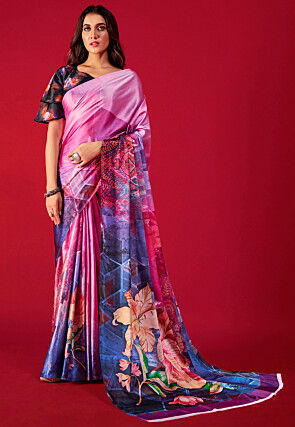 Digital Printed Satin Crepe Saree in Multicolor