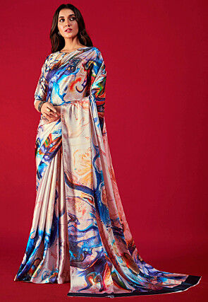 Digital Printed Satin Crepe Saree in Multicolor