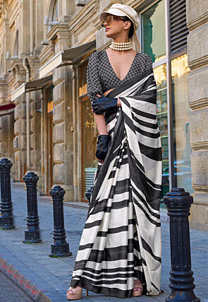 Digital Printed Satin Crepe Saree in Off White and Black