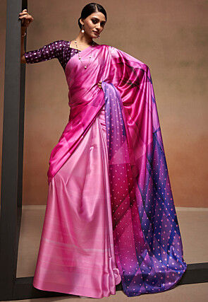 Digital Printed Satin Crepe Saree in Pink