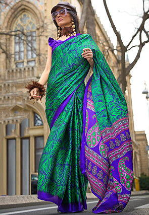 Digital Printed Satin Crepe Saree in Teal Green