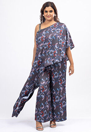 Digital Printed Satin Crepe Top Set in Dark Grey
