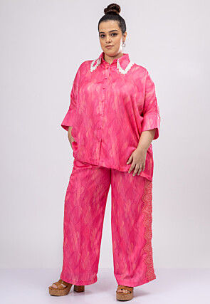 Digital Printed Satin Crepe Top Set in Fuchsia