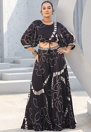 Digital Printed Satin Crop Top Set in Black