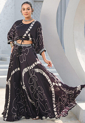 Digital Printed Satin Crop Top Set in Black