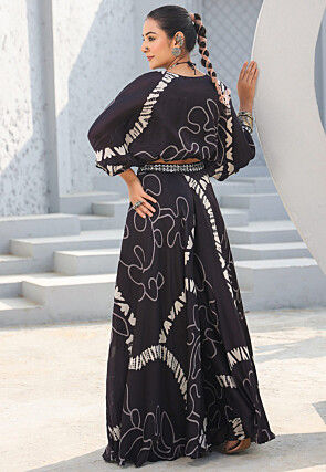 Digital Printed Satin Crop Top Set in Black