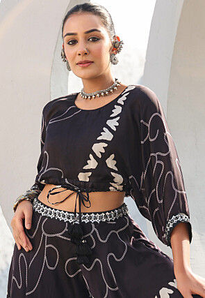 Digital Printed Satin Crop Top Set in Black