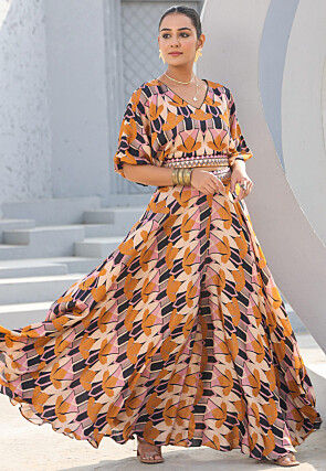 Digital Printed Satin Crop Top Set in Multicolor