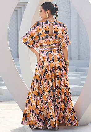 Digital Printed Satin Crop Top Set in Multicolor