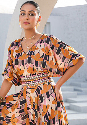 Digital Printed Satin Crop Top Set in Multicolor