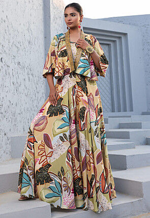 Digital Printed Satin Crop Top Set in Multicolor