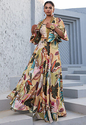 Digital Printed Satin Crop Top Set in Multicolor