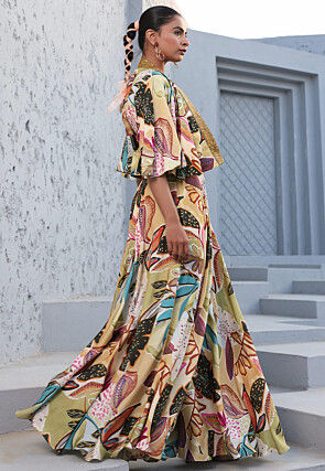 Digital Printed Satin Crop Top Set in Multicolor