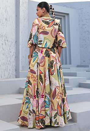 Digital Printed Satin Crop Top Set in Multicolor