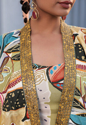 Digital Printed Satin Crop Top Set in Multicolor