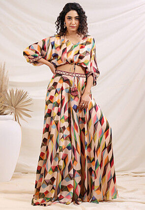Digital Printed Satin Crop Top Set in Multicolor