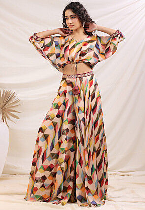 Digital Printed Satin Crop Top Set in Multicolor