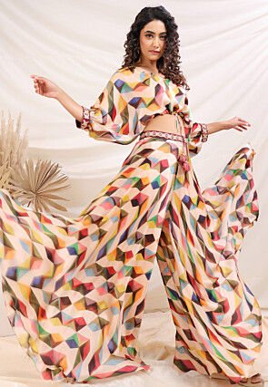Digital Printed Satin Crop Top Set in Multicolor
