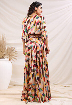 Digital Printed Satin Crop Top Set in Multicolor