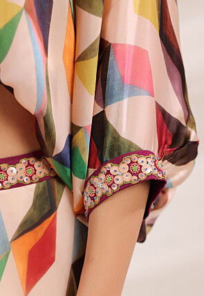 Digital Printed Satin Crop Top Set in Multicolor