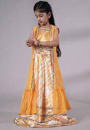 Digital Printed Satin Crop Top Set in Yellow