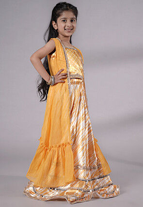 Digital Printed Satin Crop Top Set in Yellow