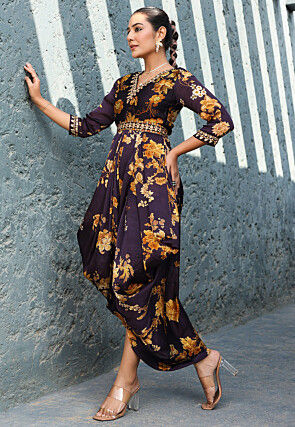 Digital Printed Satin Drape Gown in Dark Purple