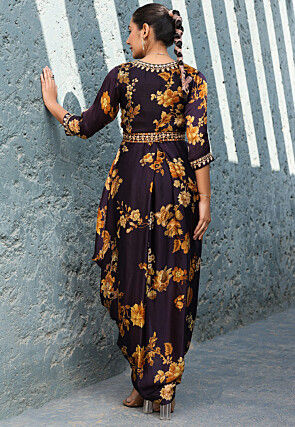 Digital Printed Satin Drape Gown in Dark Purple