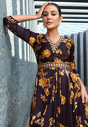 Digital Printed Satin Drape Gown in Dark Purple