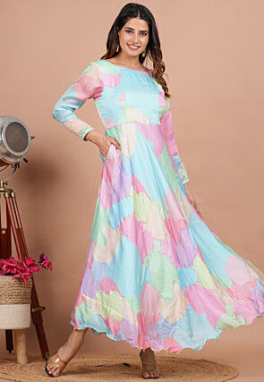 Digital Printed Satin Georgette Flared Dress in Multicolor