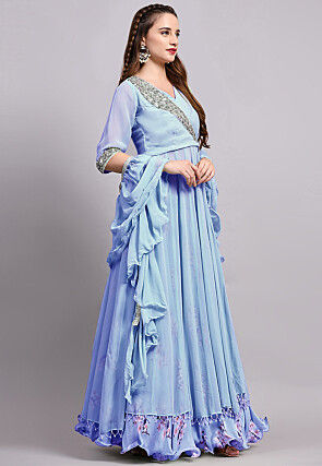 Digital Printed Satin Georgette Lehenga in Sky Blue