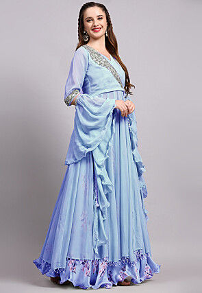 Digital Printed Satin Georgette Lehenga in Sky Blue