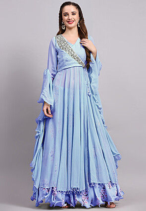 Digital Printed Satin Georgette Lehenga in Sky Blue