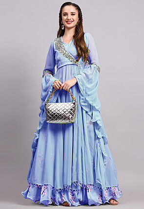 Digital Printed Satin Georgette Lehenga in Sky Blue