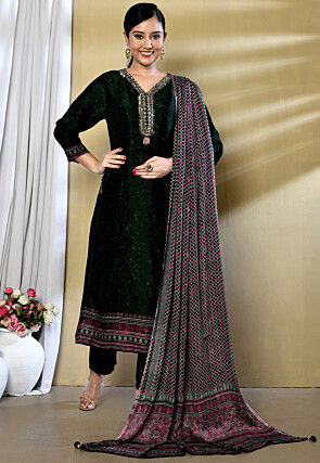 Digital Printed Satin Georgette Pakistani Suit in Dark Green