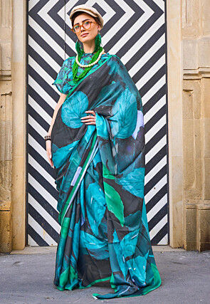 Digital Printed Satin Georgette Saree in Black and Blue