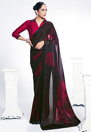 Digital Printed Satin Georgette Saree in Black