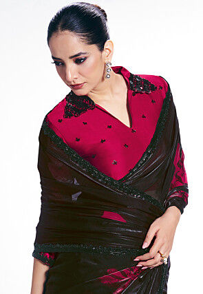 Digital Printed Satin Georgette Saree in Black