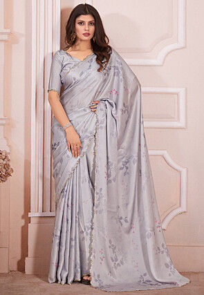 Digital Printed Satin Georgette Saree in Grey
