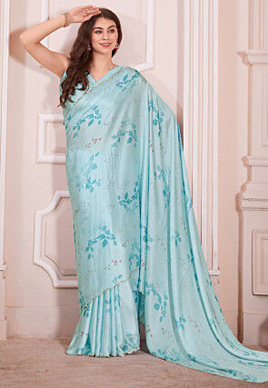 Digital Printed Satin Georgette Saree in Light Blue
