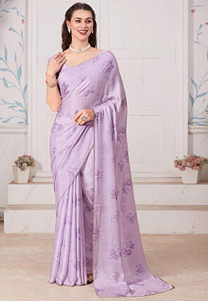 Digital Printed Satin Georgette Saree in Light Purple