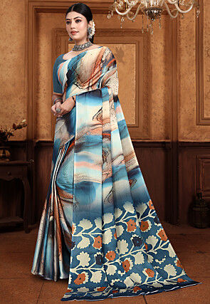 Digital Printed Satin Georgette Saree in Multicolor
