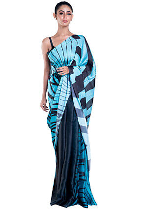 Digital Printed Satin Georgette Saree in Navy and Light Blue