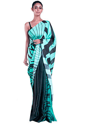 Digital Printed Satin Georgette Saree in Navy and Light Blue